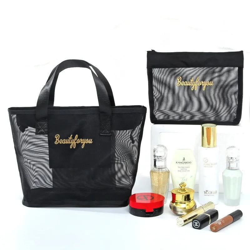 Mesh Tote Bag & Cosmetic Pouch Set – Large Capacity Travel Organizer