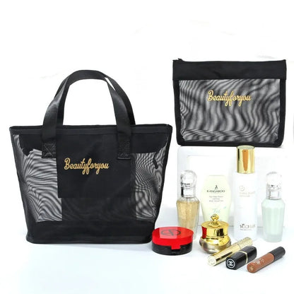 Mesh Tote Bag & Cosmetic Pouch Set – Large Capacity Travel Organizer