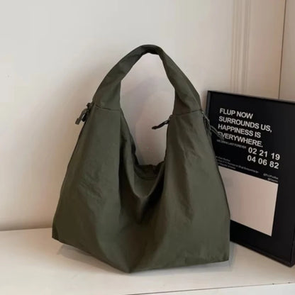 Chic Solid Color Nylon Tote Bag Multiple Zipper Pockets Large Capacity Casual Shoulder Bag College