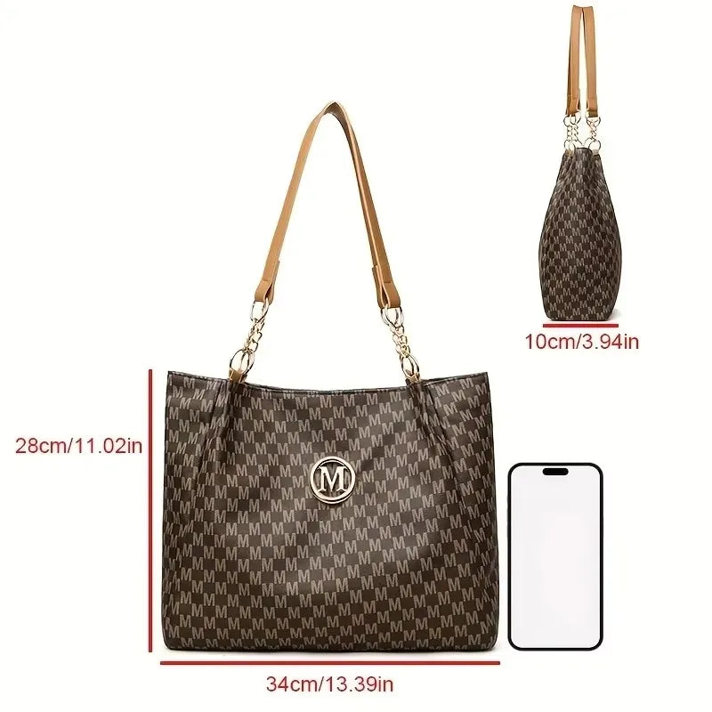 Large Monogram Tote Bag Women Vegan Leather Shoulder Bag