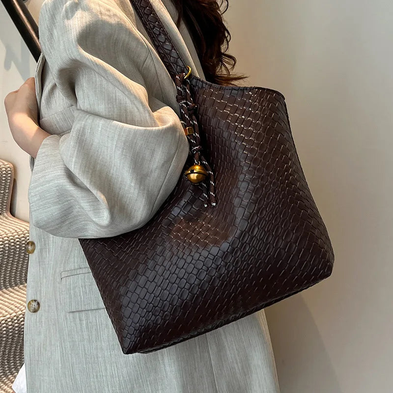 Woven Leather Tote Bag for Women – Soft Shoulder Handbag with Braided Pendant
