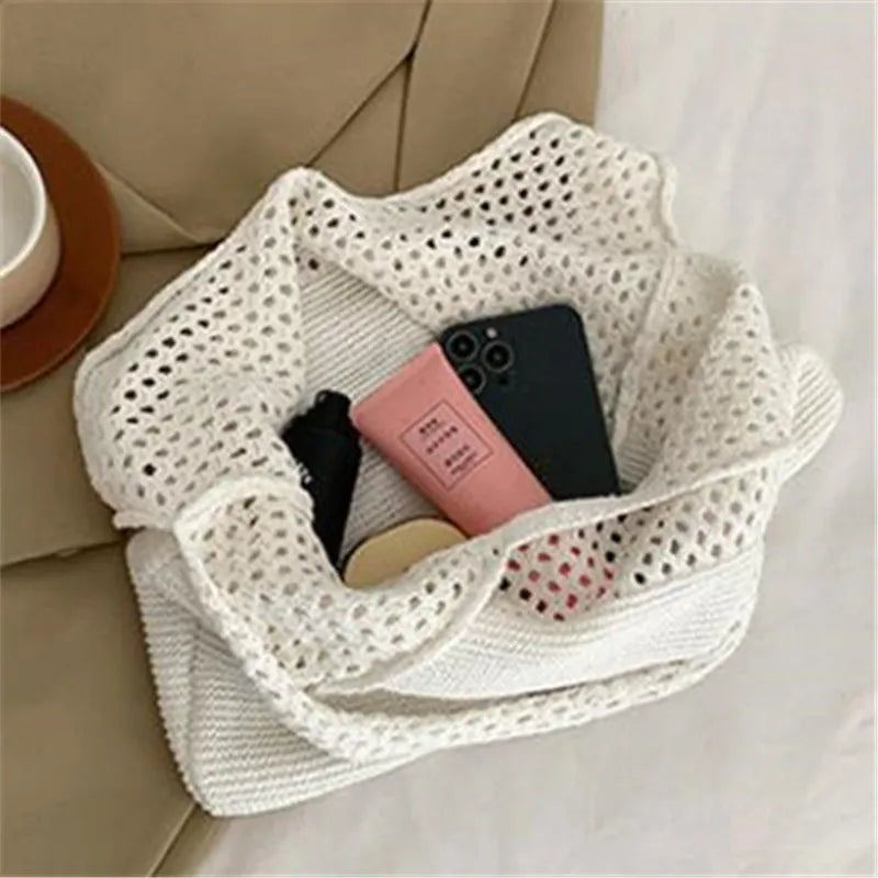 Hollow Out Knitted Handbag Shoulder Bag Solid Color Wool Knitting Bag Commuter Large Capacity