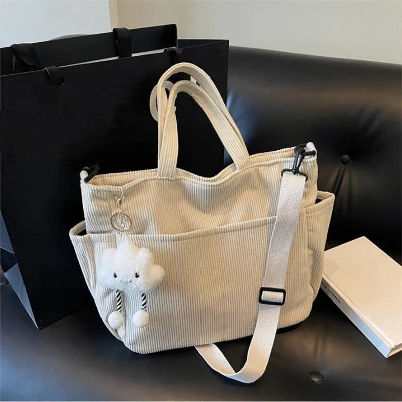 Corduroy Tote Bag with Zipper – Women's Shoulder & Crossbody Handbag