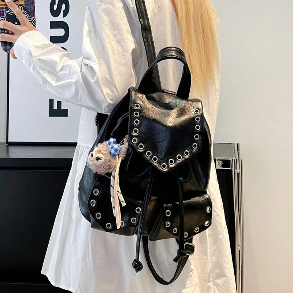 Rivet PU Leather Backpack for Women – Trendy Waterproof School & Travel Bag