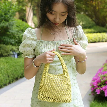 Summer Hollow Woven Cotton Rope Tote Bag Women Handmade Mesh Beach Casual Handbag Shoulder Vacation