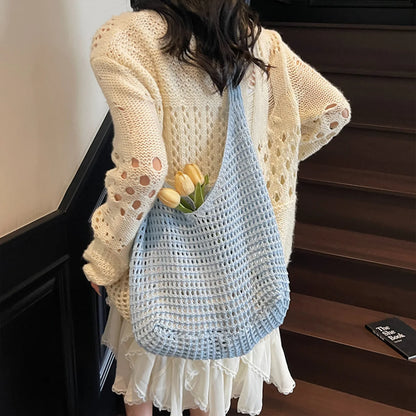 Minimalist Leisure Crochet Shoulder Bag Beach Hollow Women Handbag Solid Color Woven Totes Summer