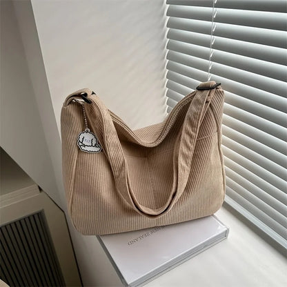 Corduroy Tote Bag for Women – Large Capacity Striped Shoulder Bag