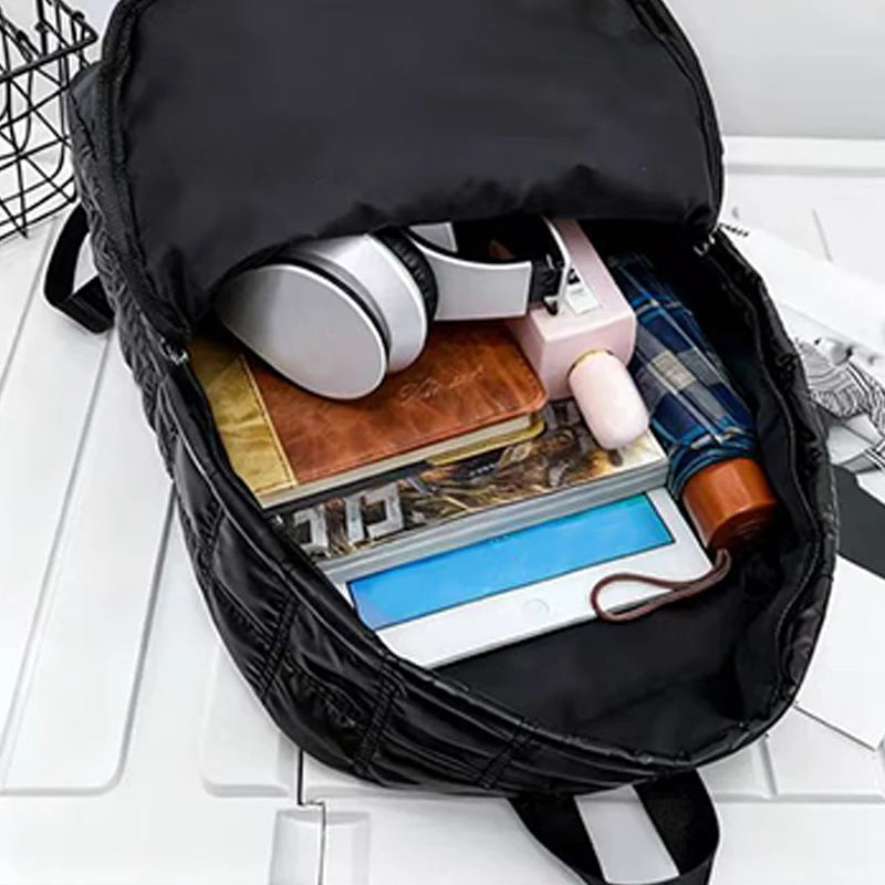Quilted Metallic Backpack – Multi-Compartment Shiny Daypack for Women