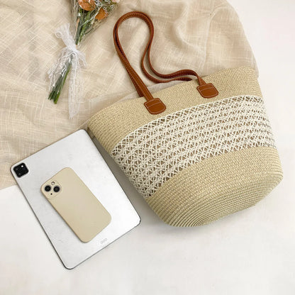 Vacation Fresh Women Shoulder Bag Stripe Woven Open Weave Tote Large Capacity Breathable Straw