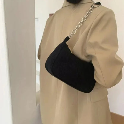 Minimalist Corduroy Versatile Bag Chain Accent Underarm Bag Zipper Closure Casual Shoulder Purse
