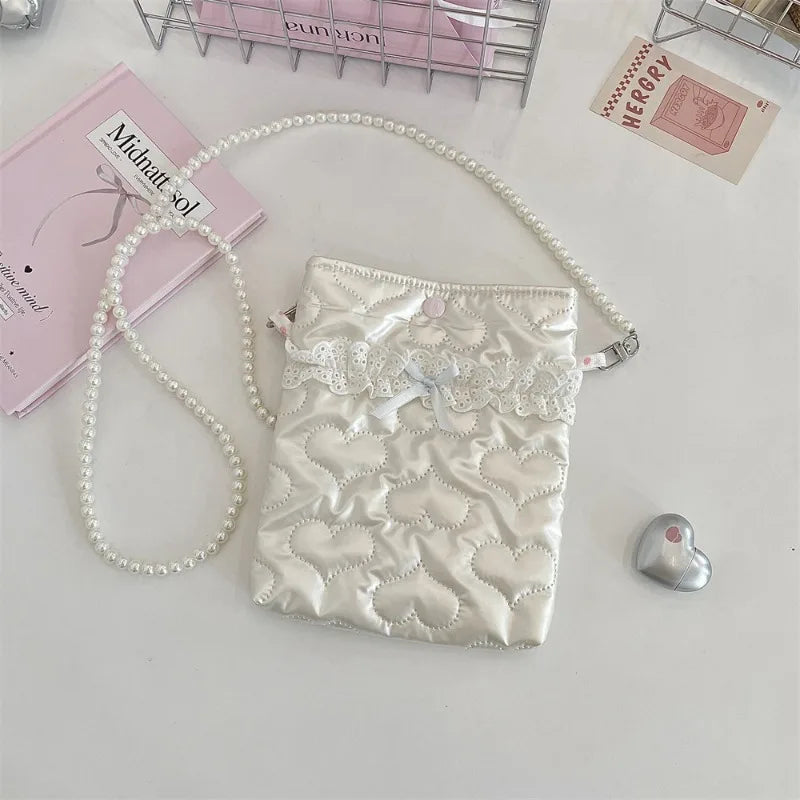 Satin Mini Phone Bag – Bow Embossed Pearl Chain Shoulder Purse