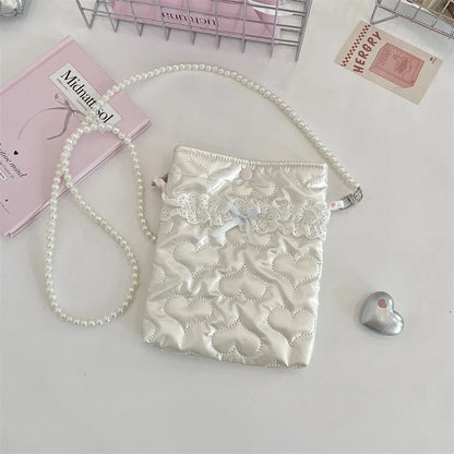 Satin Mini Phone Bag – Bow Embossed Pearl Chain Shoulder Purse