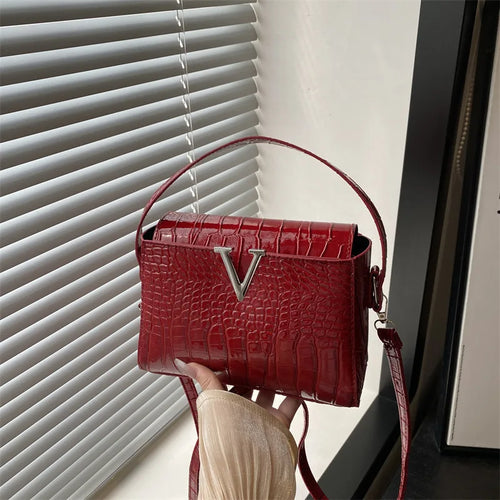 Mini Croc-Embossed PU Leather Handbag with V-Lock
