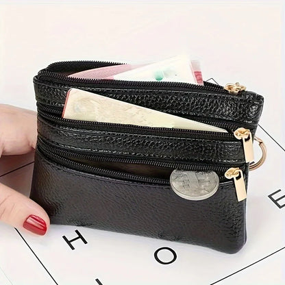 Leather Multi Zipper Pouch Mini Coin Purse Keyring Split Pocket Compact Card Cash Storage Wallet