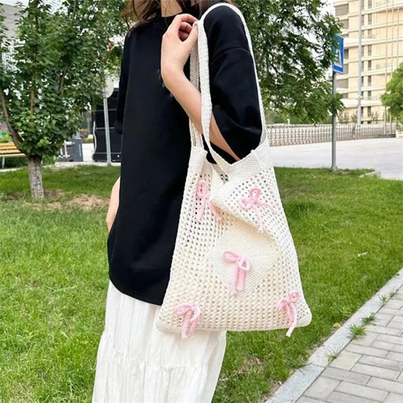 Crochet Tote Bag with Bow Accents – Preppy Knit Shoulder Bag