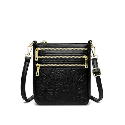 Triple Zipper Crossbody Bag – Floral Embossed Leather Shoulder Bag