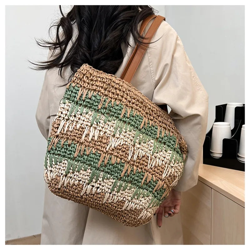 Straw Patchwork Zipper Large Capacity Casual Tote Spring