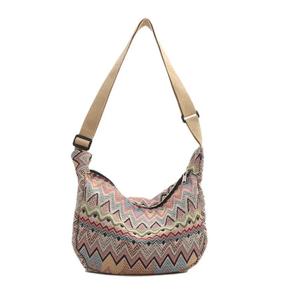 Boho Canvas Shoulder Bag – Adjustable Strap with Fur Ball Charm