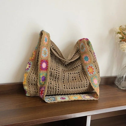 Boho Crochet Flower Tote Bag – Hollow Knit Shoulder Bag