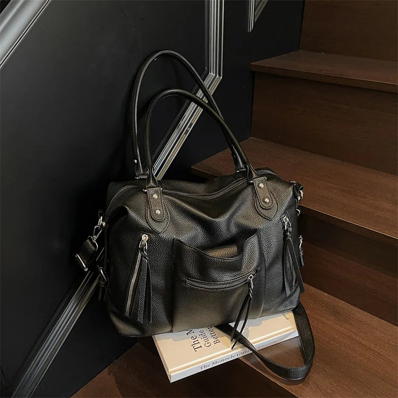 Leather Tote Bag with Tassel – Zipper Crossbody Handbag