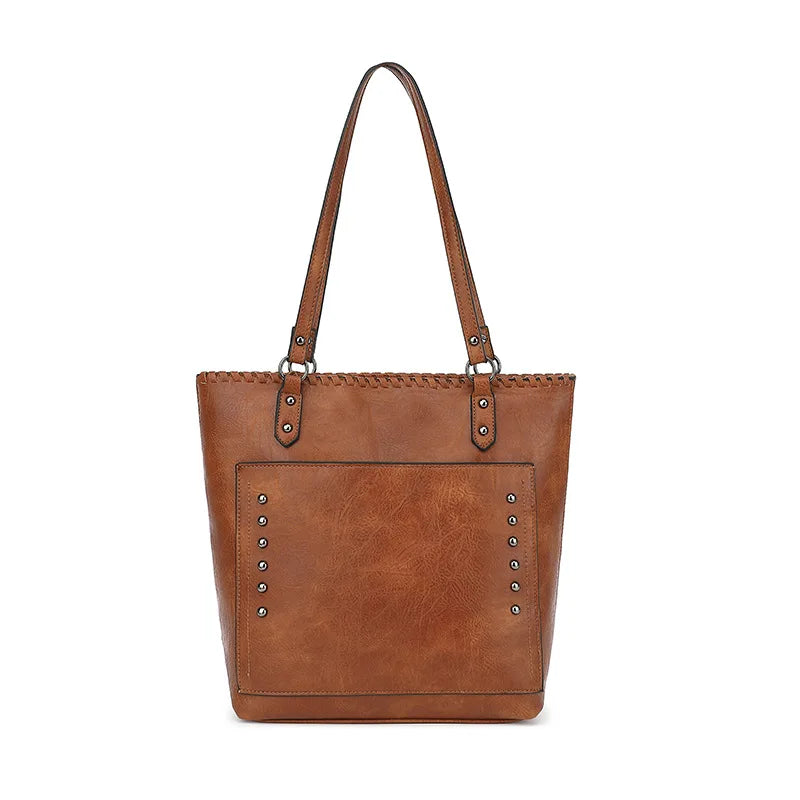 Women Vintage Rivet Faux Leather Tote Shoulder Bag Mini Wristlet Purse Daily Office Travel Shopping