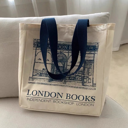 Canvas Tote Bag with Book Print – Large Capacity Women's Shoulder Bag