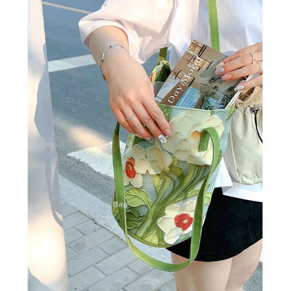 Floral Canvas Bucket Tote Bag – 3D Embossed Print Women's Shoulder Bag