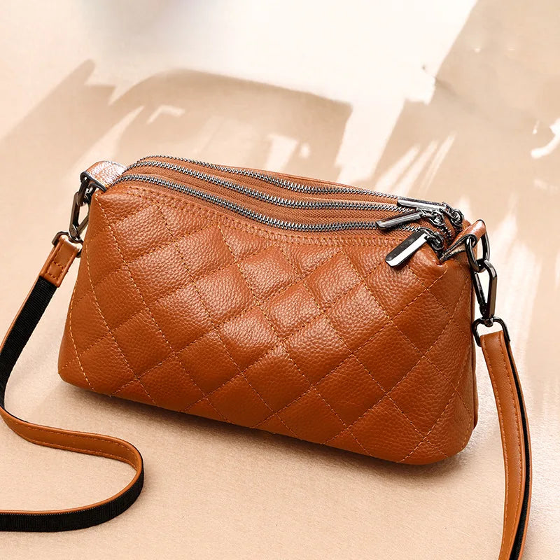 Leather Rhomb Shoulder Bag Women Simple Casual Soft Zipper Large Capacity Cowhide Crossbody - Soft