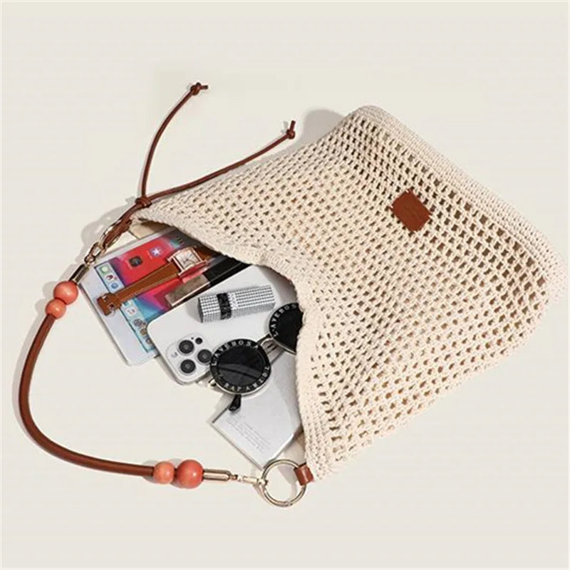 Woven Beach Bag – Women's Knit Shoulder Bag with Leather Strap