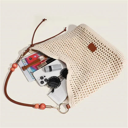 Woven Beach Bag – Women's Knit Shoulder Bag with Leather Strap