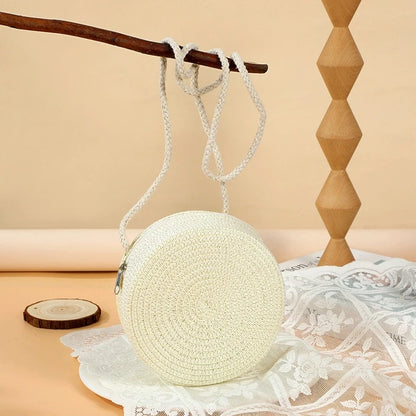 Round Woven Straw Crossbody Bag for Women