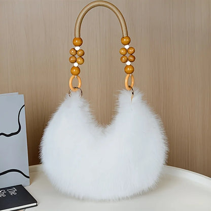 Fluffy Faux Fur Tote Bag with Wooden Bead Handle