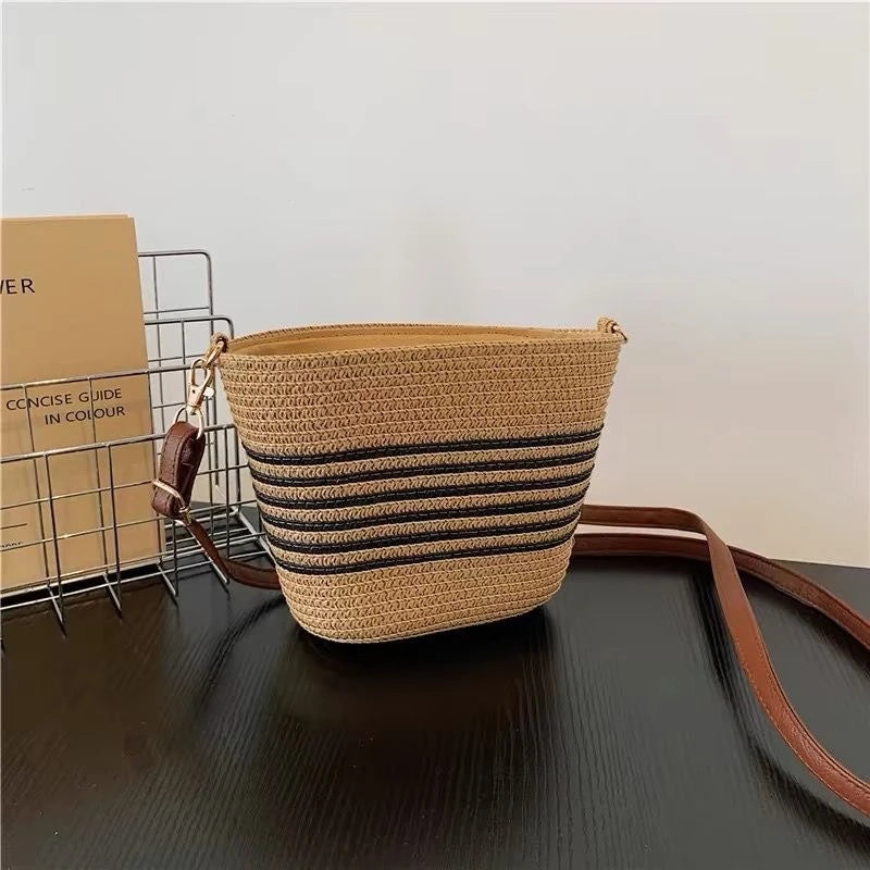 Women Straw Woven Crossbody Bags Striped Beach Shoulder Purse Leather Strap Casual Summer Chic