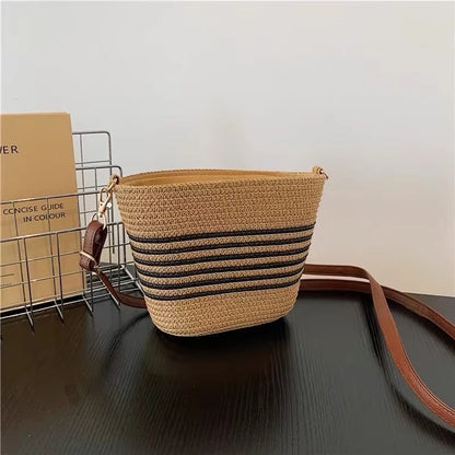 Women Straw Woven Crossbody Bags Striped Beach Shoulder Purse Leather Strap Casual Summer Chic