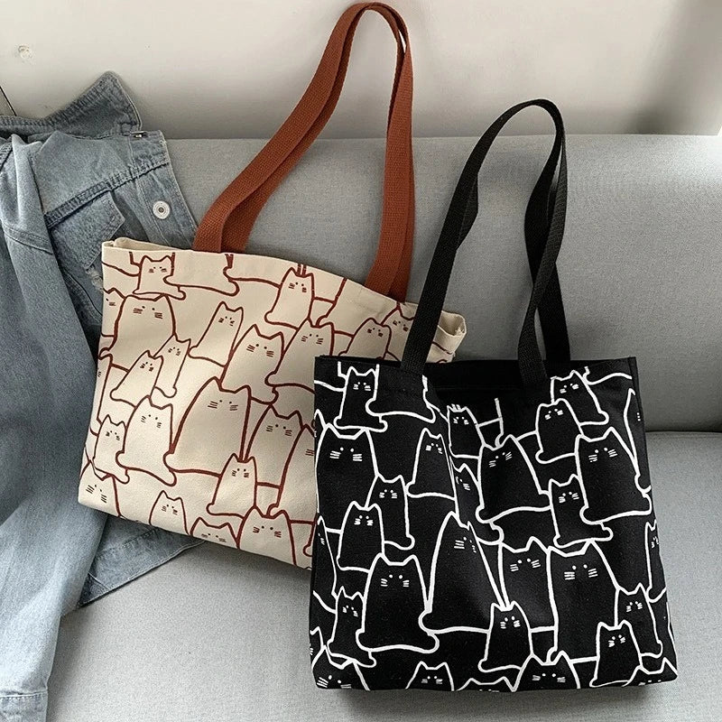 Canvas Cat Print Tote Bag – Large Cute Shoulder Bag for School