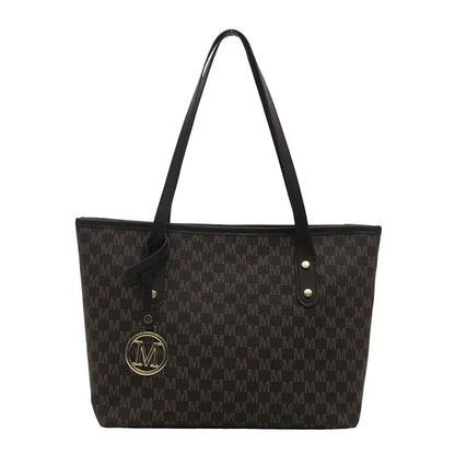 Chic Monogram Pu Tote Bag Gold M Pendant Spacious Stylish Handbag Shoulder Bags Women Everyday Use