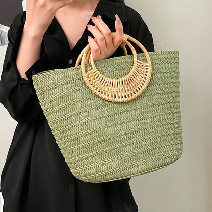 Woven Beach Tote Bag for Women – Round Wooden Handle