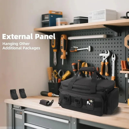 14-Inch Black Wear-Resistant Canvas Tool Bag Multiple Pockets Compartments