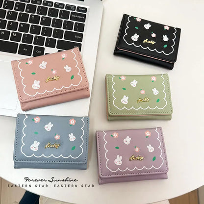 Cute Rabbit Girl Student Cartoon Short Three Folding Wallet Printed Anime Change Kawaii