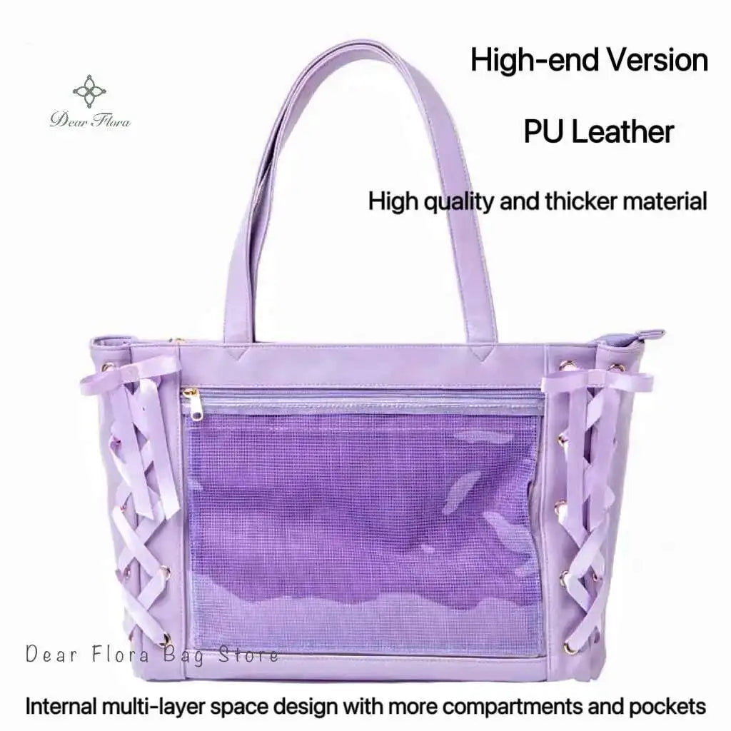Japanese Sweet Women Ribbon Ita Bag Cute Lolita Girl Transparent Handbags Large Capacity Tote
