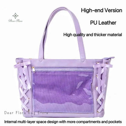 Japanese Sweet Women Ribbon Ita Bag Cute Lolita Girl Transparent Handbags Large Capacity Tote