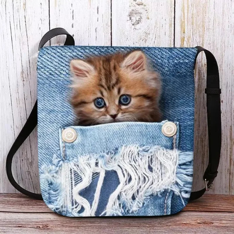 Women's Denim Crossbody Bag – Cute Cat Print Shoulder Bag