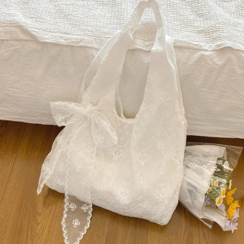 Floral Lace Tote Bag for Women – Soft White Shoulder Bag with Bow
