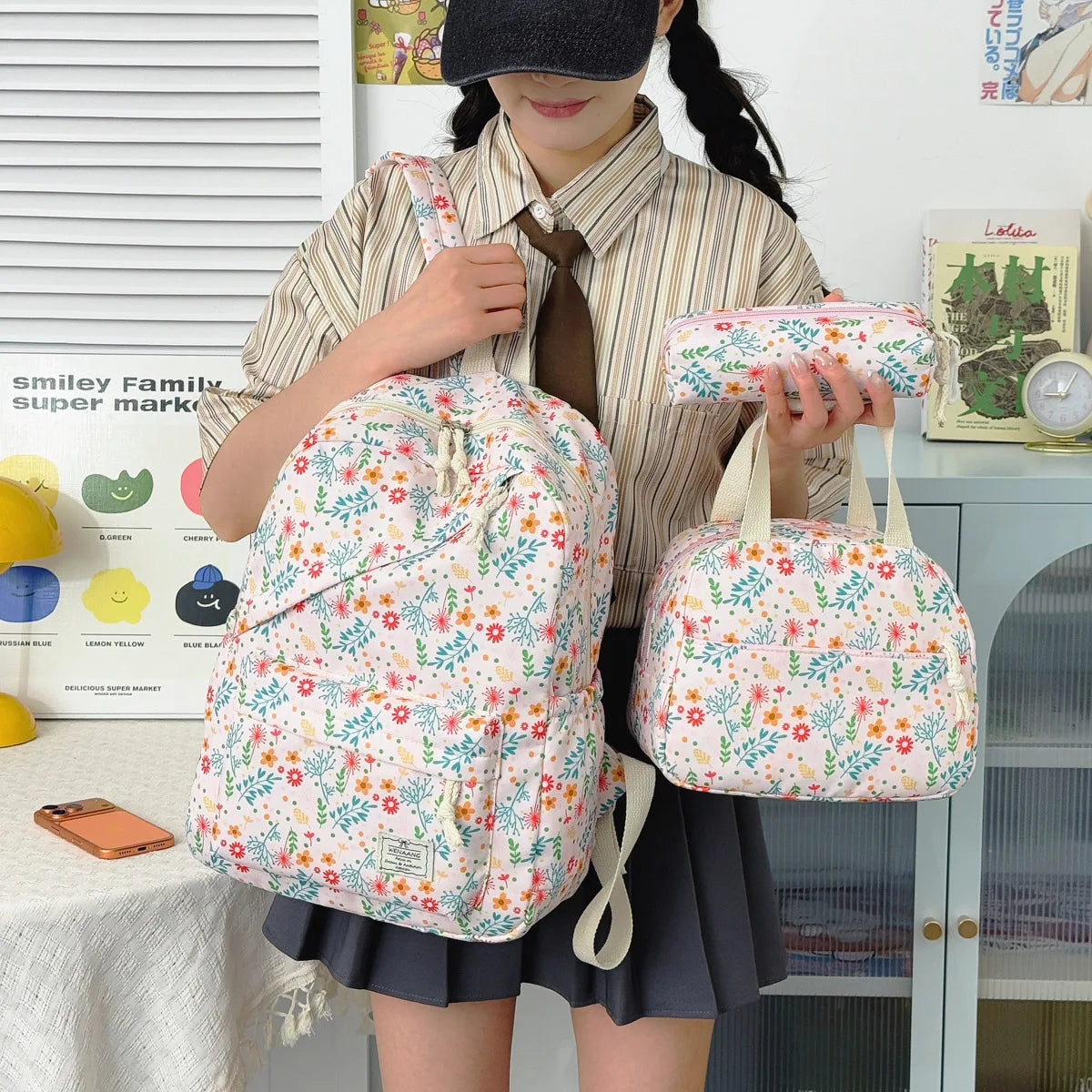 Fresh Lovely Floral Teen Backpack Set Multi-Purpose Large Storage Diagonal Zipper 3-Piece Backpack