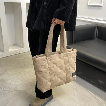 Large Quilted Nylon Tote Bag – Lightweight Women's Shoulder Handbag