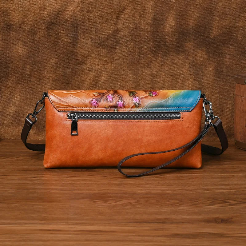 Top Layer Cowhide Crossbody Bag Retro Embossed Colored Retro Style Functional Single-Shoulder Bag