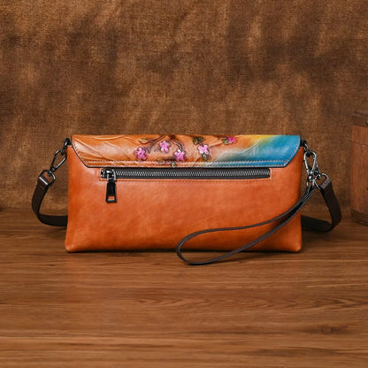 Top Layer Cowhide Crossbody Bag Retro Embossed Colored Retro Style Functional Single-Shoulder Bag
