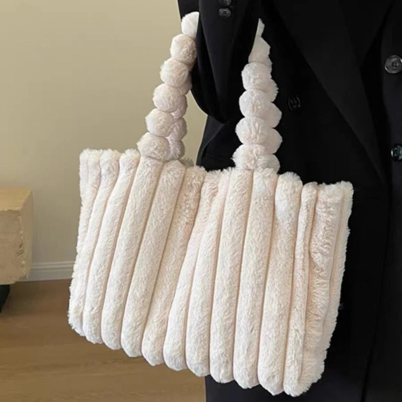 Plush Tote Bag Lightweight Large Capacity Shoulder Tote Bag Women S Solid Color Versatile Commuter