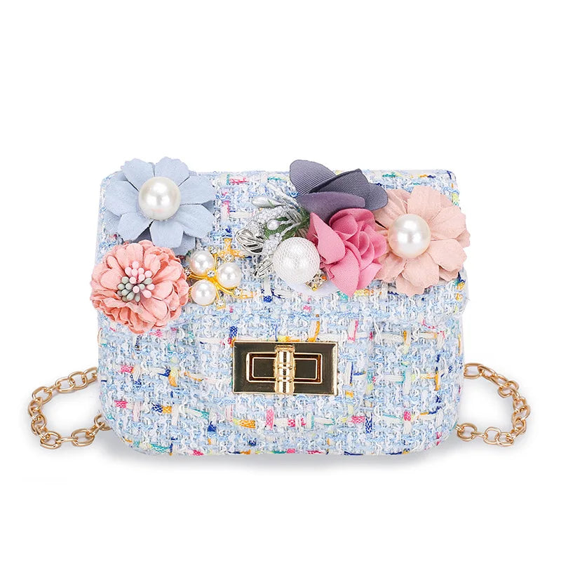 Cute Kids Floral Tweed Shoulder Crossbody Bags Pearl Flower Decor Chic Clutch Bag Mini Chain Purse