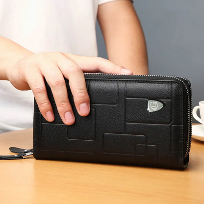 Top Layer Leather Men S Double Zipper Wallet Mobile Phone Storage Multi-Function Large Capacity Hand